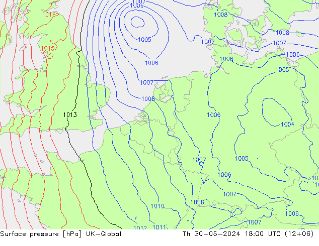 Pressione al suolo UK-Global gio 30.05.2024 18 UTC
