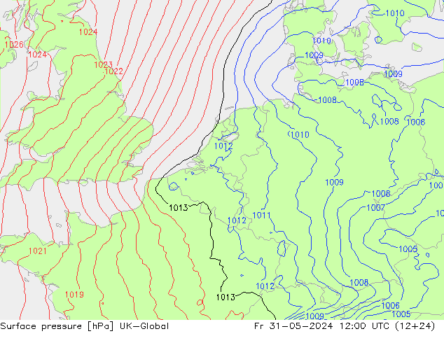 Pressione al suolo UK-Global ven 31.05.2024 12 UTC