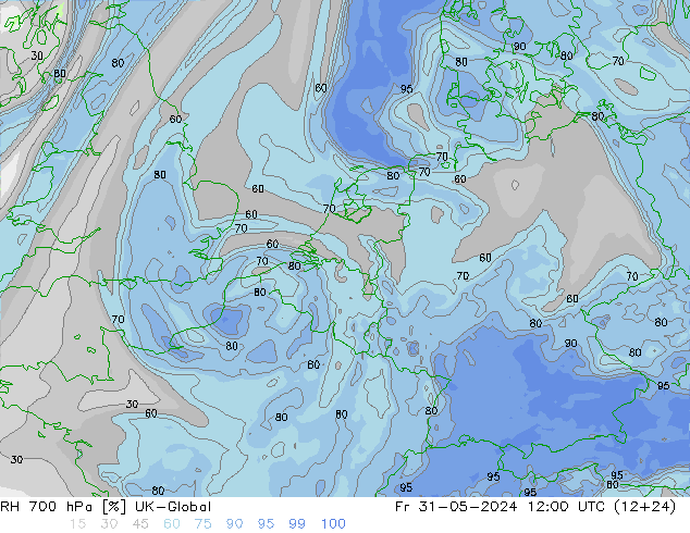 RH 700 hPa UK-Global Fr 31.05.2024 12 UTC