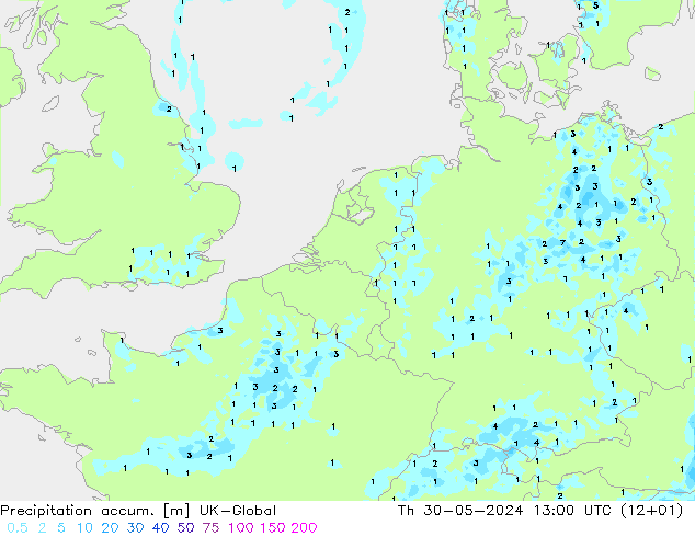 Precipitation accum. UK-Global Čt 30.05.2024 13 UTC