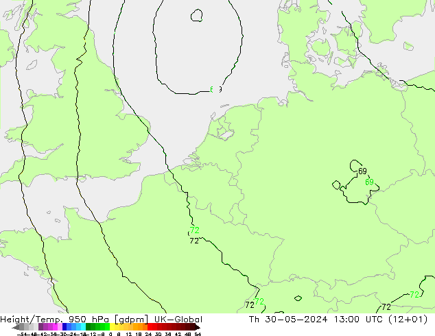 Geop./Temp. 950 hPa UK-Global jue 30.05.2024 13 UTC