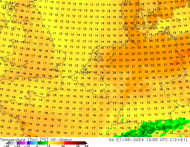 Temperatura (2m) UK-Global sab 01.06.2024 15 UTC