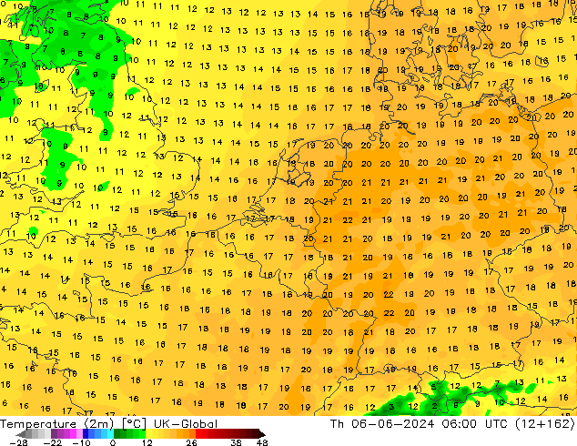 température (2m) UK-Global jeu 06.06.2024 06 UTC