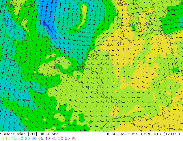 Surface wind UK-Global Th 30.05.2024 13 UTC