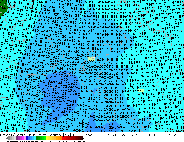 Height/Temp. 500 hPa UK-Global ven 31.05.2024 12 UTC