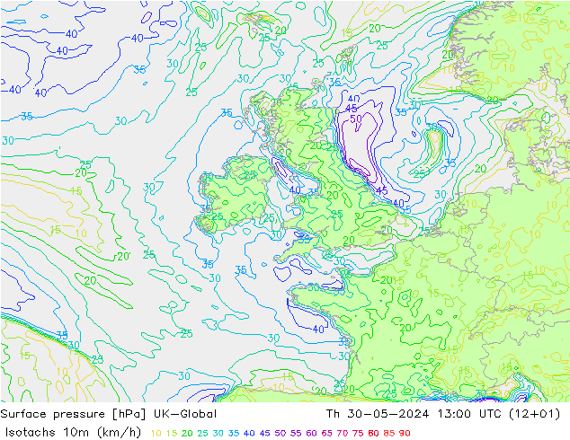 Eşrüzgar Hızları (km/sa) UK-Global Per 30.05.2024 13 UTC