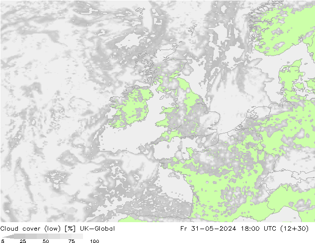 Cloud cover (low) UK-Global Fr 31.05.2024 18 UTC