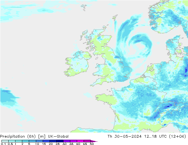 Totale neerslag (6h) UK-Global do 30.05.2024 18 UTC