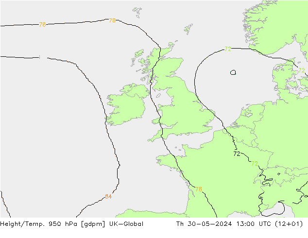 Yükseklik/Sıc. 950 hPa UK-Global Per 30.05.2024 13 UTC