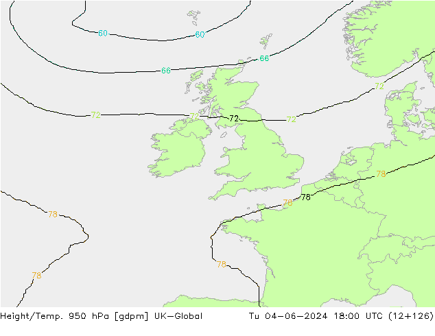 Height/Temp. 950 hPa UK-Global Tu 04.06.2024 18 UTC