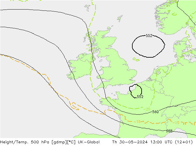 Height/Temp. 500 hPa UK-Global gio 30.05.2024 13 UTC