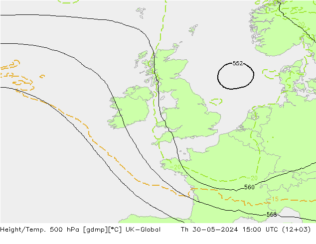 Height/Temp. 500 hPa UK-Global Qui 30.05.2024 15 UTC