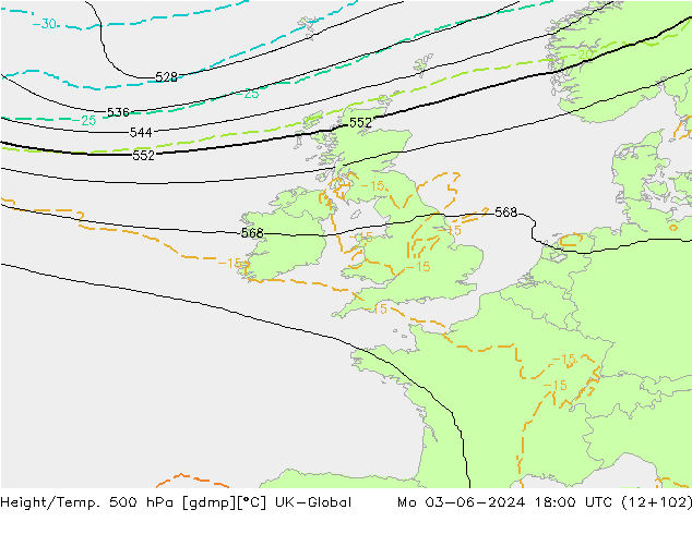 Height/Temp. 500 hPa UK-Global pon. 03.06.2024 18 UTC