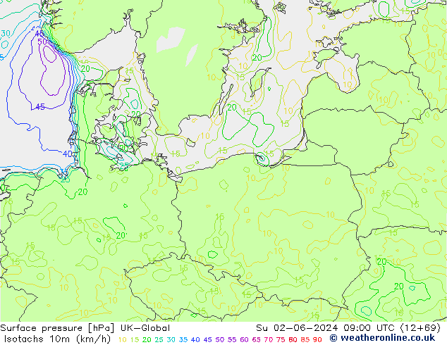 Isotachs (kph) UK-Global Su 02.06.2024 09 UTC