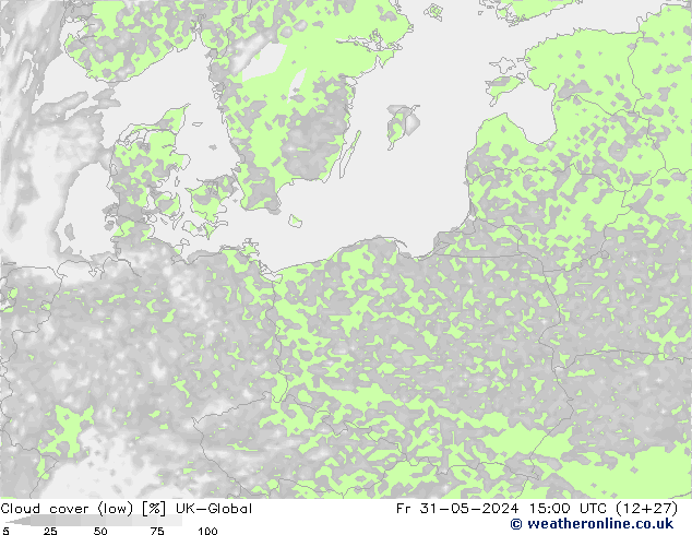 Cloud cover (low) UK-Global Fr 31.05.2024 15 UTC