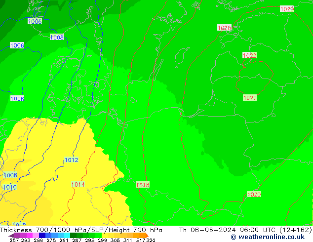 700-1000 hPa Kalınlığı UK-Global Per 06.06.2024 06 UTC