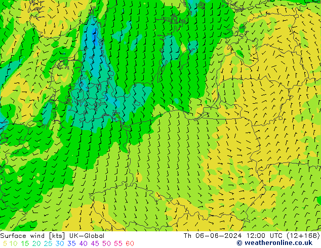 Surface wind UK-Global Čt 06.06.2024 12 UTC