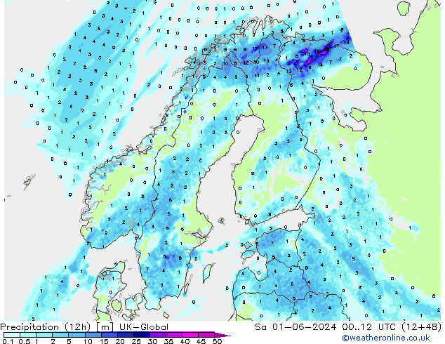 осадки (12h) UK-Global сб 01.06.2024 12 UTC