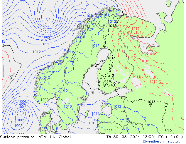 Atmosférický tlak UK-Global Čt 30.05.2024 13 UTC