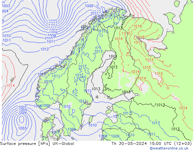 Atmosférický tlak UK-Global Čt 30.05.2024 15 UTC