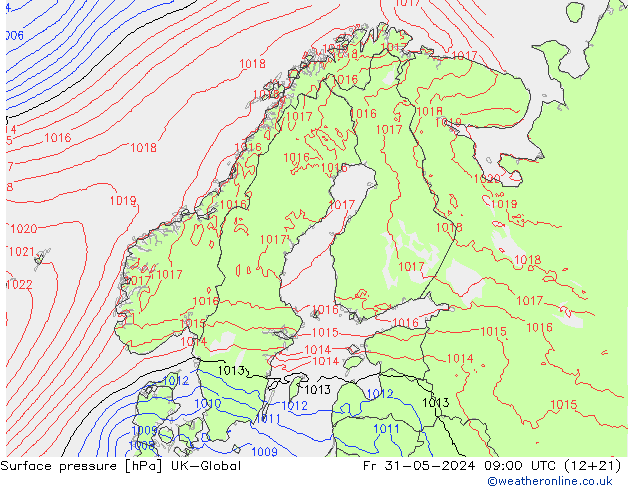 Atmosférický tlak UK-Global Pá 31.05.2024 09 UTC