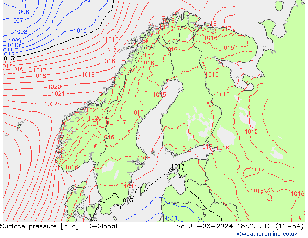 Pressione al suolo UK-Global sab 01.06.2024 18 UTC