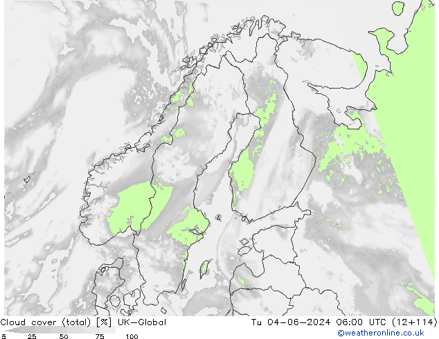 Bewolking (Totaal) UK-Global di 04.06.2024 06 UTC