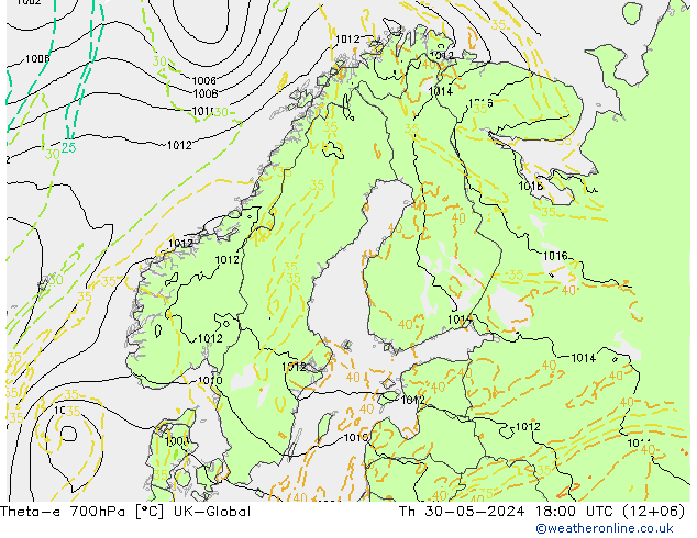 Theta-e 700hPa UK-Global czw. 30.05.2024 18 UTC