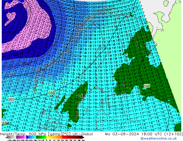 Height/Temp. 500 hPa UK-Global lun 03.06.2024 18 UTC