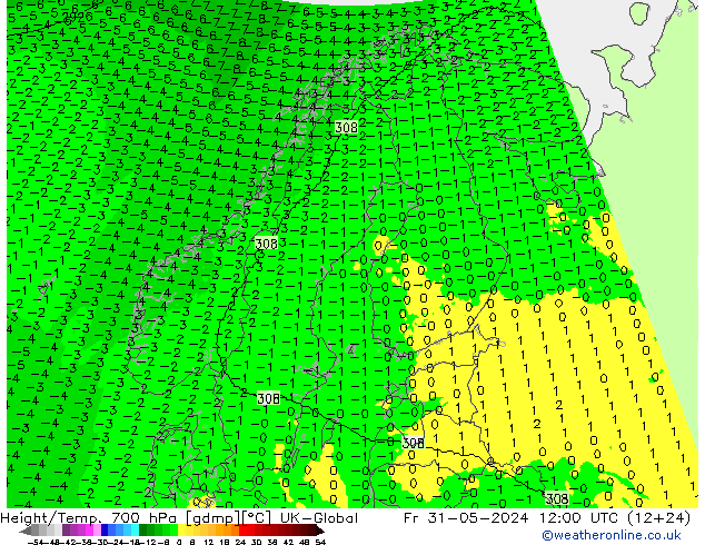 Height/Temp. 700 hPa UK-Global pt. 31.05.2024 12 UTC