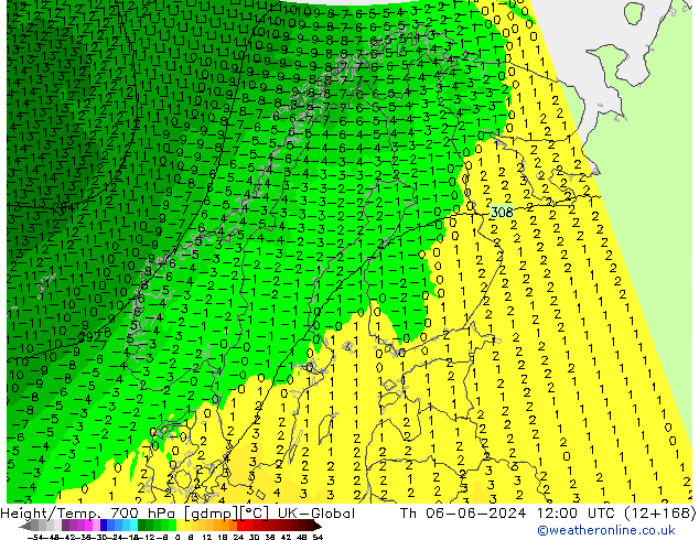 Height/Temp. 700 hPa UK-Global gio 06.06.2024 12 UTC