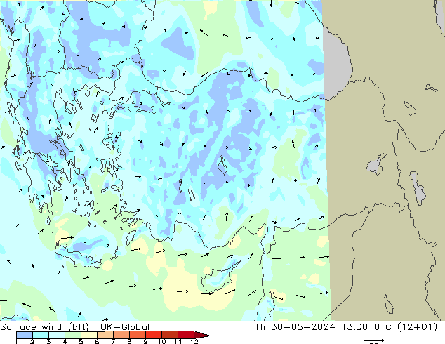 Surface wind (bft) UK-Global Th 30.05.2024 13 UTC