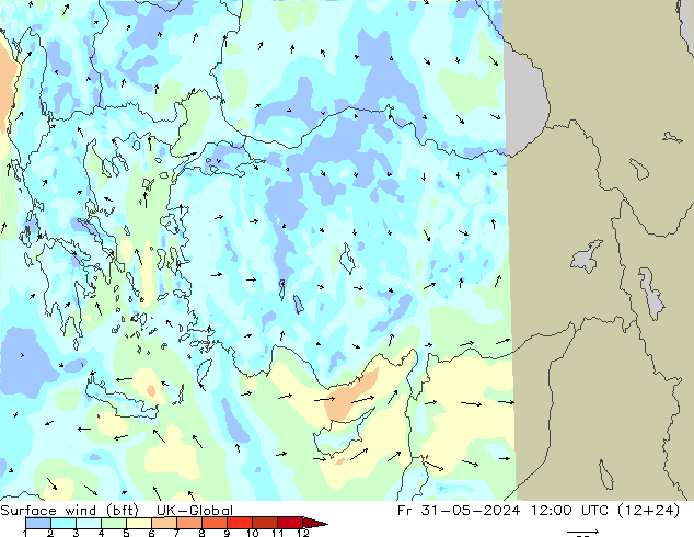 Vento 10 m (bft) UK-Global ven 31.05.2024 12 UTC