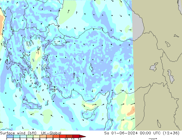 Surface wind (bft) UK-Global Sa 01.06.2024 00 UTC