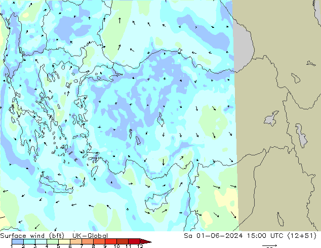 Surface wind (bft) UK-Global Sa 01.06.2024 15 UTC