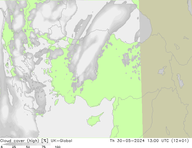 Cloud cover (high) UK-Global Th 30.05.2024 13 UTC