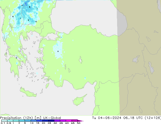 Totale neerslag (12h) UK-Global di 04.06.2024 18 UTC