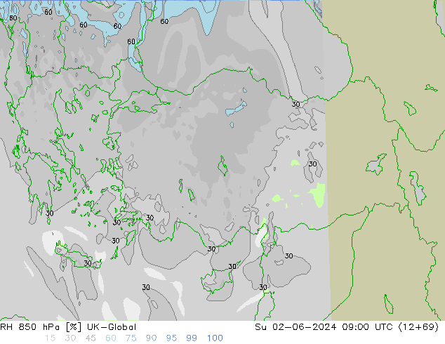 RH 850 hPa UK-Global Su 02.06.2024 09 UTC