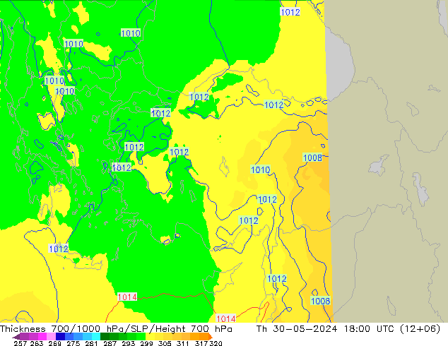 Thck 700-1000 hPa UK-Global gio 30.05.2024 18 UTC