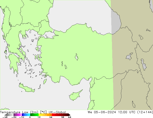 Min.temperatuur (2m) UK-Global wo 05.06.2024 12 UTC