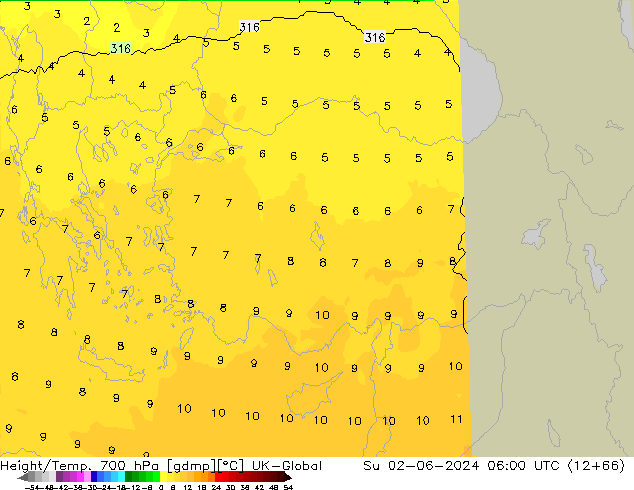 Height/Temp. 700 hPa UK-Global Dom 02.06.2024 06 UTC