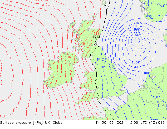 Surface pressure UK-Global Th 30.05.2024 13 UTC