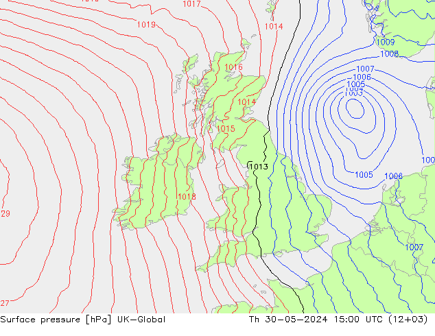 Surface pressure UK-Global Th 30.05.2024 15 UTC