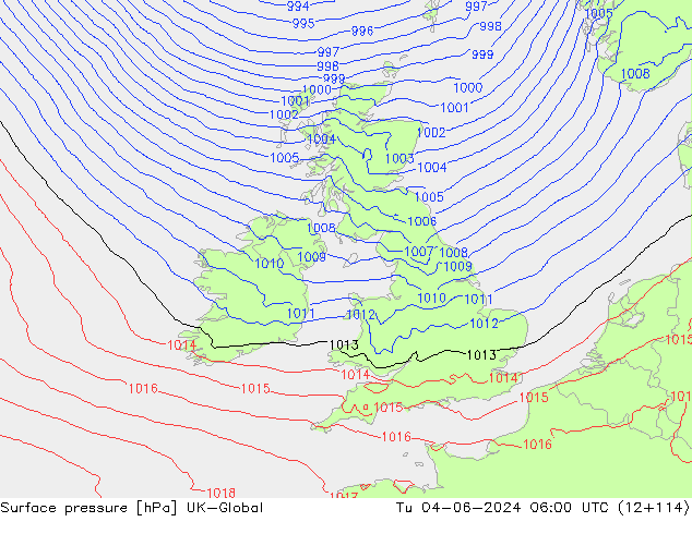 Surface pressure UK-Global Tu 04.06.2024 06 UTC