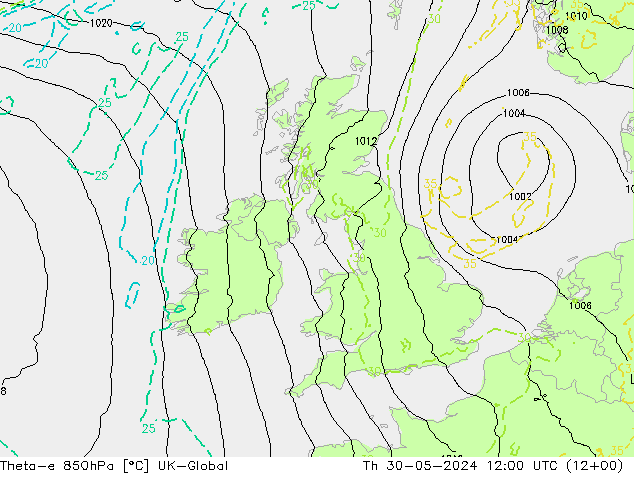 Theta-e 850hPa UK-Global do 30.05.2024 12 UTC