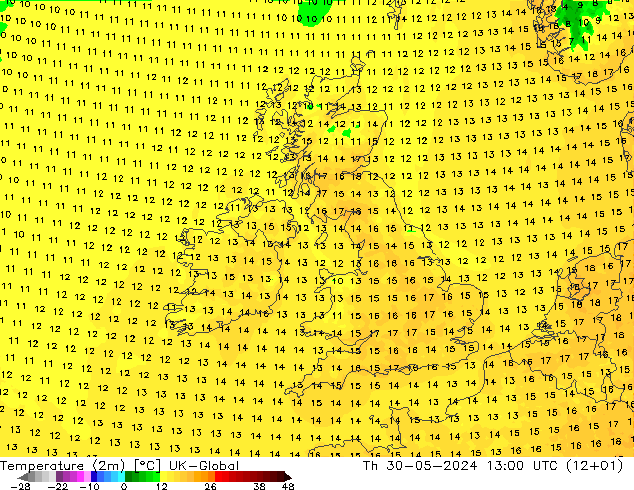 Temperatura (2m) UK-Global jue 30.05.2024 13 UTC