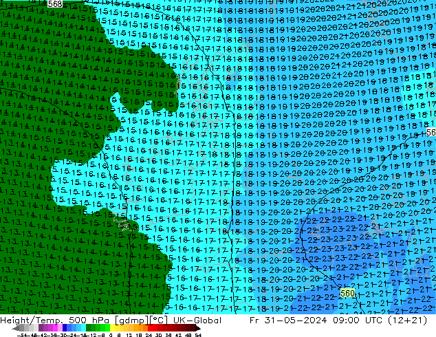 Height/Temp. 500 hPa UK-Global  31.05.2024 09 UTC