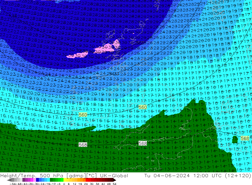 Height/Temp. 500 hPa UK-Global Di 04.06.2024 12 UTC