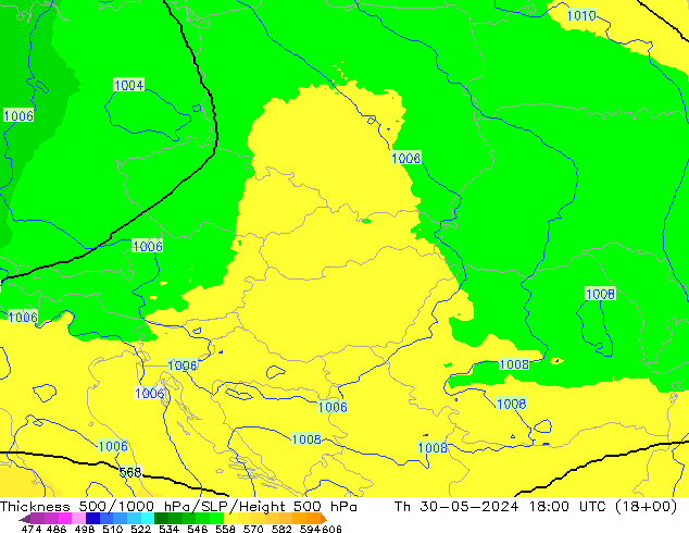 Espesor 500-1000 hPa UK-Global jue 30.05.2024 18 UTC