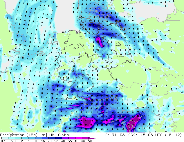 Precipitation (12h) UK-Global Fr 31.05.2024 06 UTC